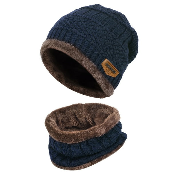 2 in 1 Kids Warm Knitted Beanie Hat and Circle Scarf Set Fleece Lined Thermal Necker Cheif for Boys and Girls
